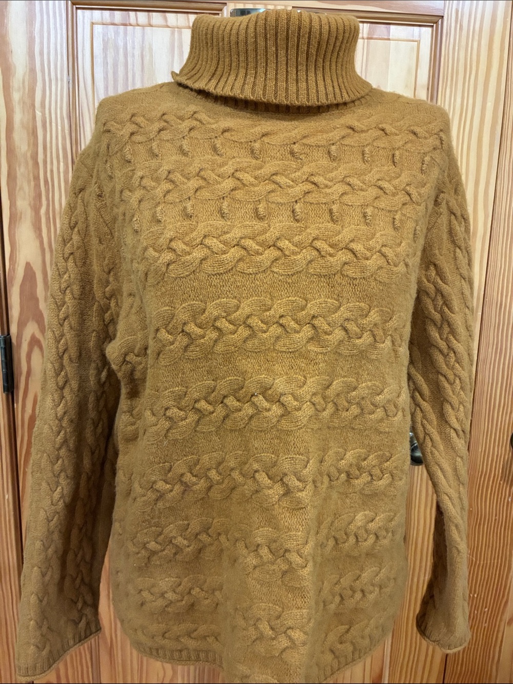 Garnet Hill Camel Cable-Knit Turtleneck Sweater